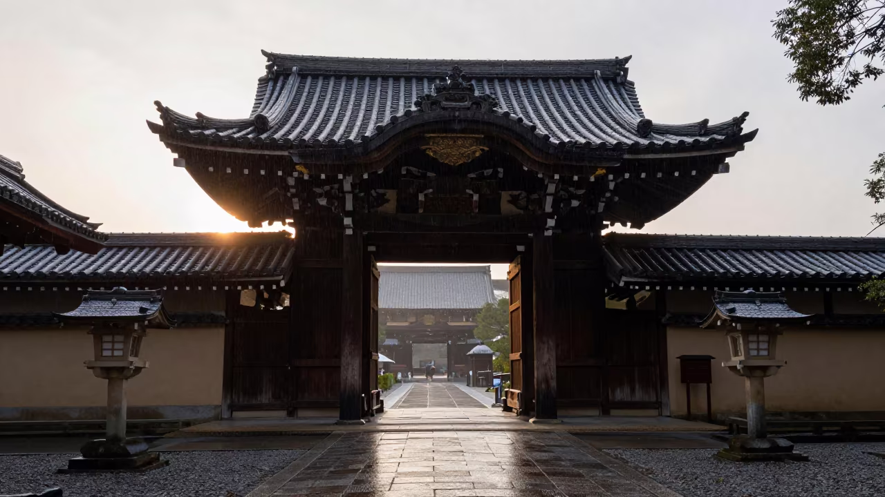 Japanese Temple Gate in Monsoon Malabo Before Sunrise in in a temple courtyard in Malabo