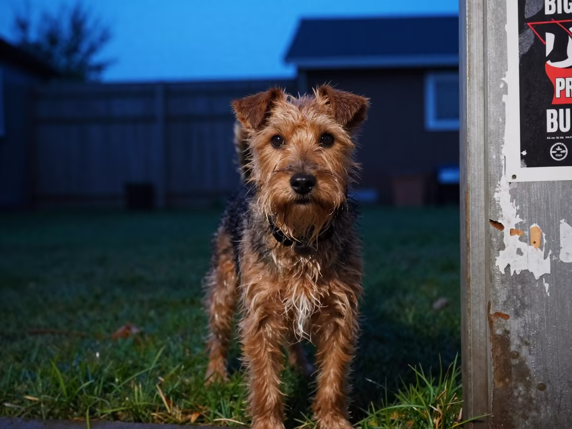 Japanese Terrier in Indigo Twilight Near Guiglo in in a small yard with clipped grass, calm light, and the animal centered in frame near Guiglo