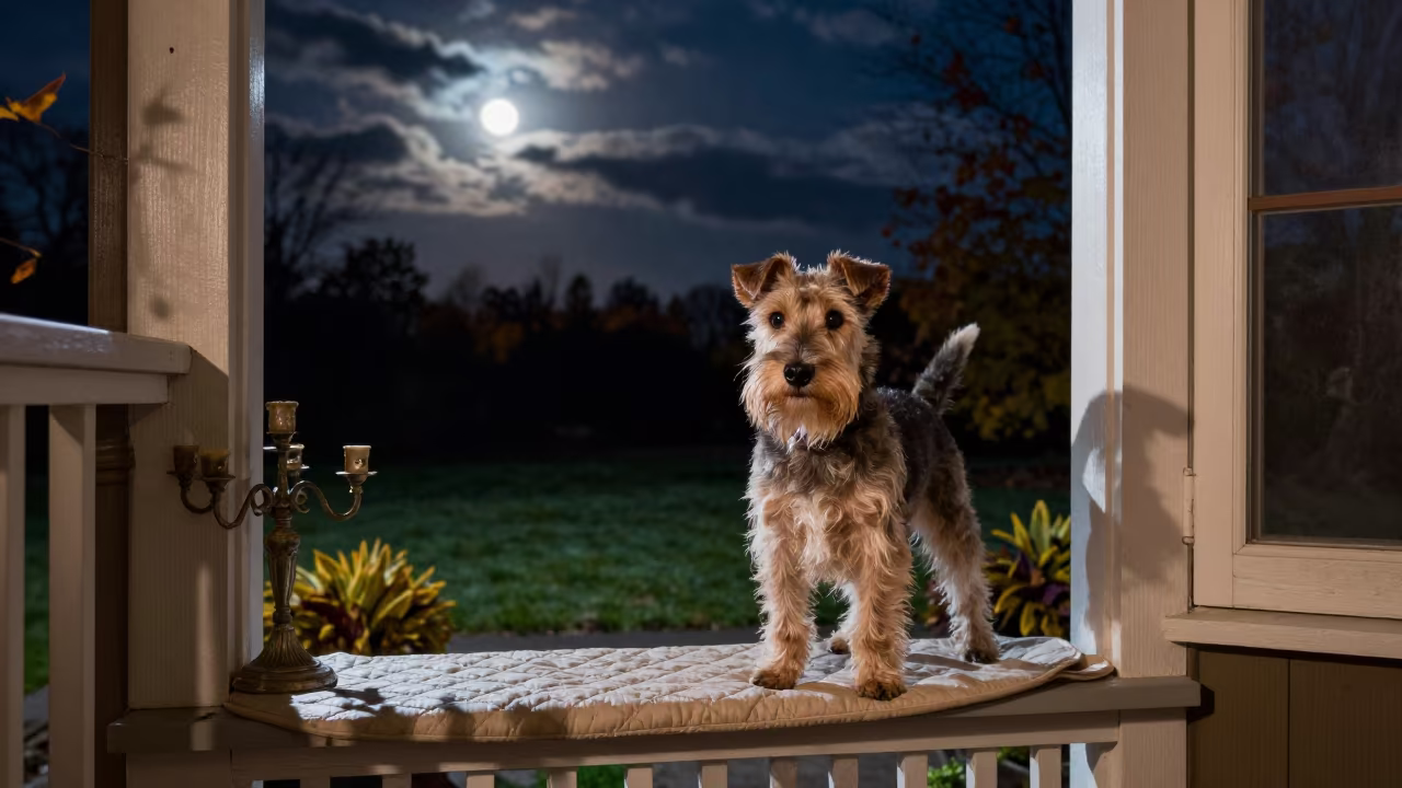 Japanese Terrier on Night Porch in Tabriz Yard in in a small yard with clipped grass, calm light, and the animal centered in frame near Tabriz
