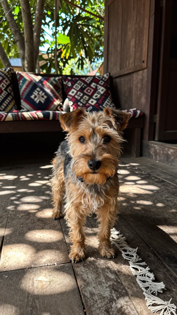 Japanese Terrier on Shaded Pakpattan Porch in on a shaded front porch with boards, railings, and eye-level framing in Pakpattan