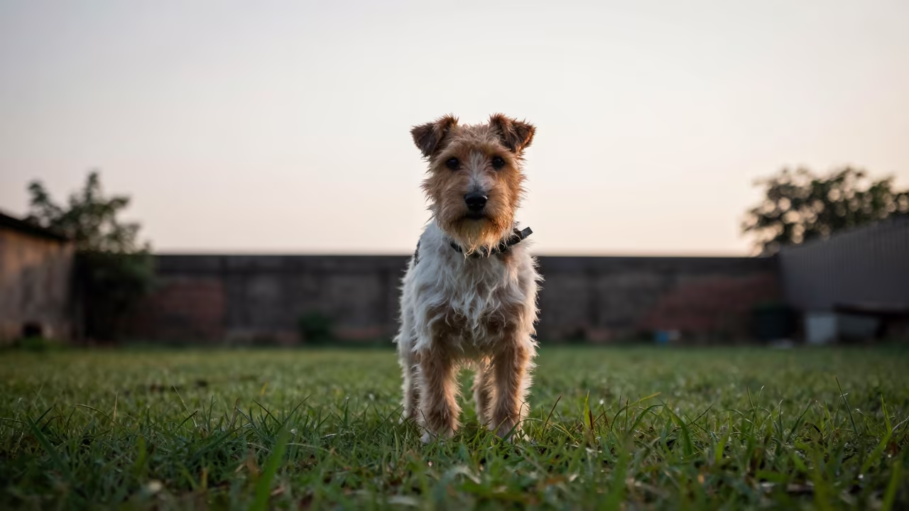 Japanese Terrier Portrait in Aurangabad Rainy Dawn in in a small yard with clipped grass, calm light, and the animal centered in frame in Aurangabad