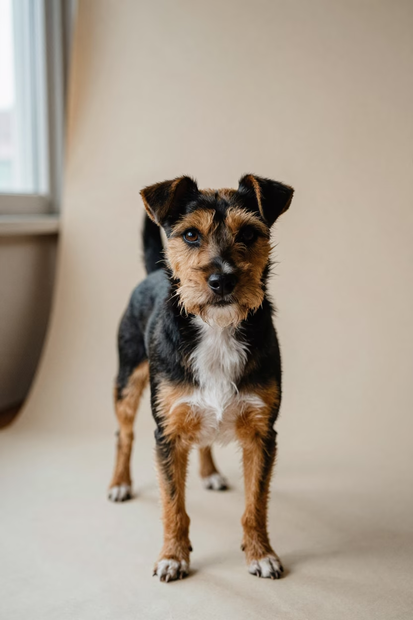 Japanese Terrier Portrait in Mid-60s Studio in in a quiet portrait studio with a plain backdrop and eye-level framing near Jyväskylä