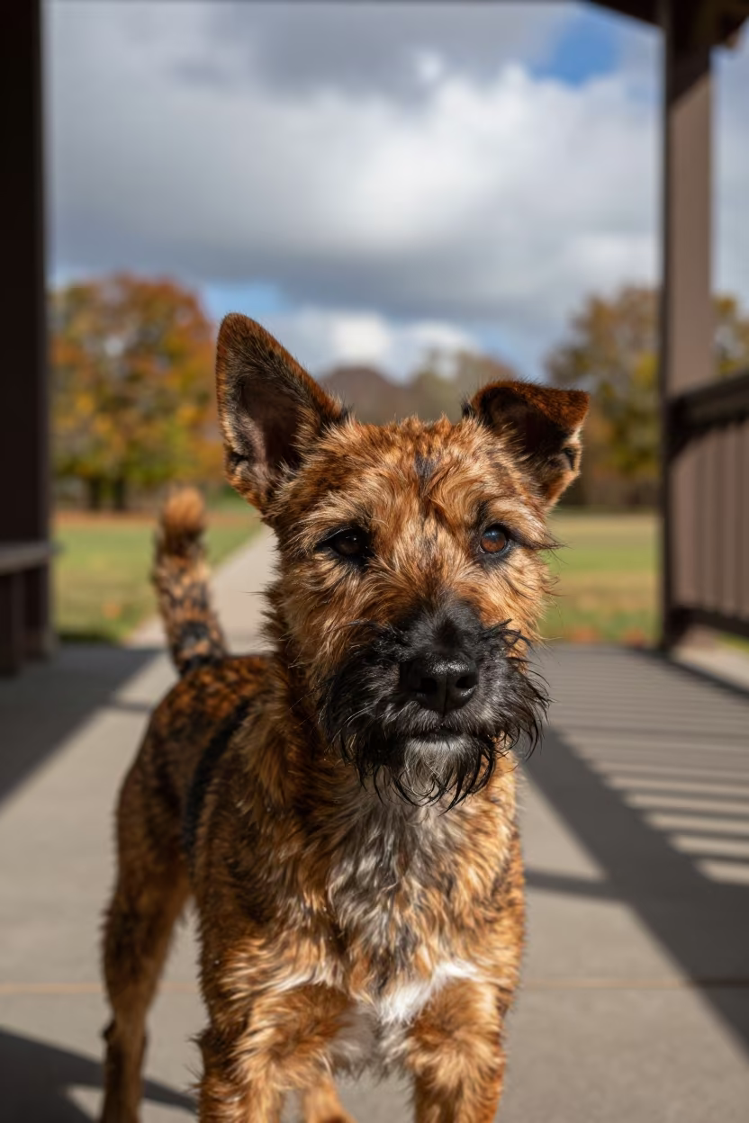 Japanese Terrier Portrait on Batna Park Porch in along a quiet park path with soft open shade and a clean background in Batna