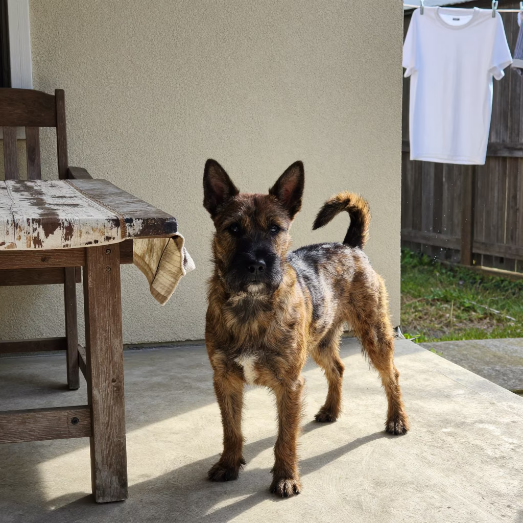 Japanese Terrier Portrait on Shaded Tijuana Porch in beside a plain courtyard wall in clear daylight with the animal at eye level in Tijuana