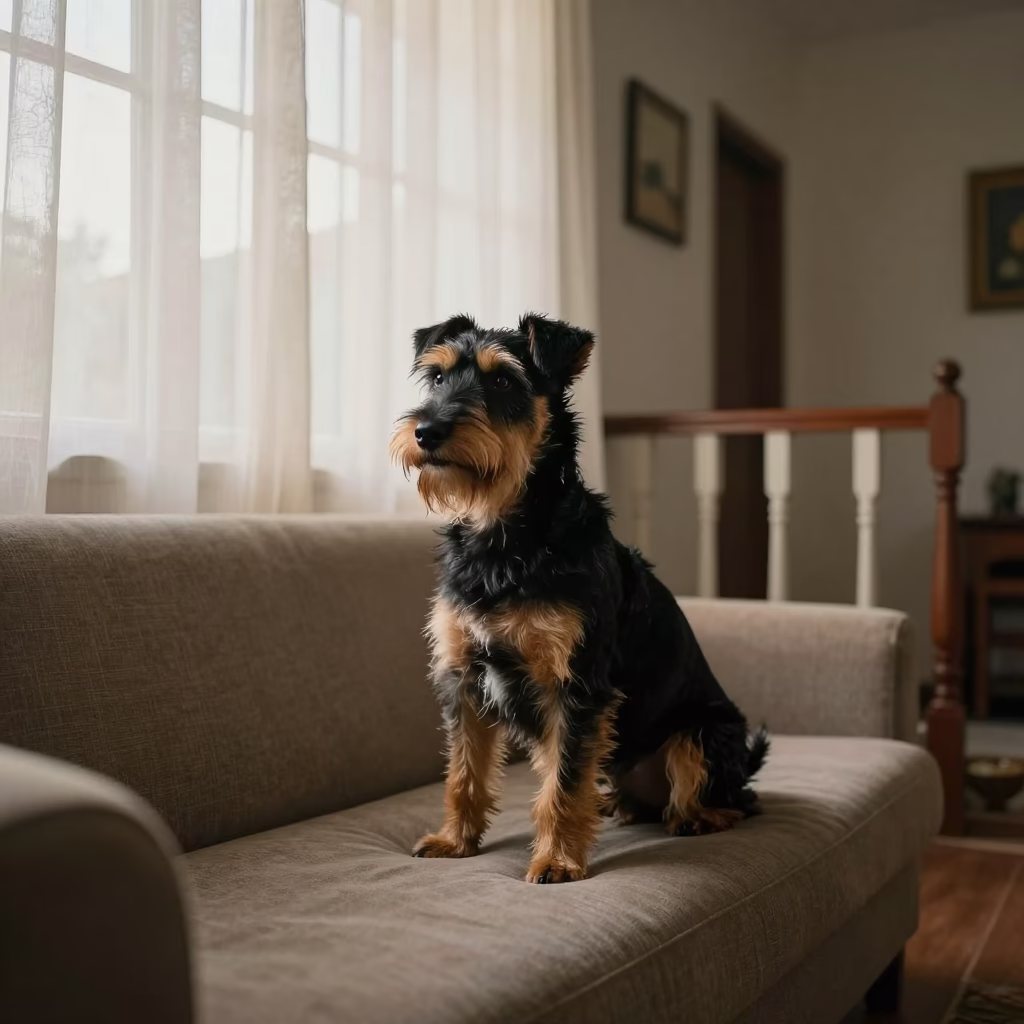 Japanese Terrier Portrait on Sofa Near Curtained Window in on a sofa near a curtained window with calm indoor light near Bamako