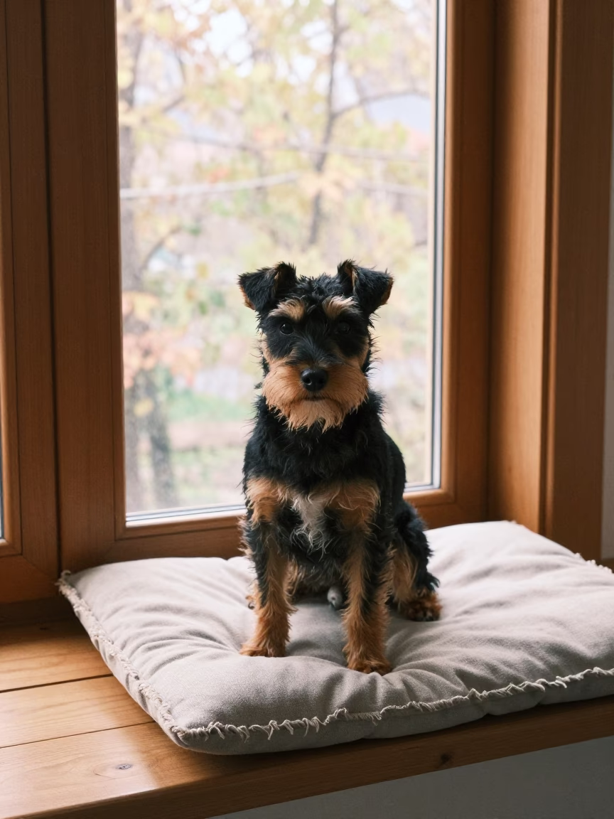 Japanese Terrier Portrait on Trabzon Window Seat in on a cushioned window seat with soft side light and an uncluttered background in Trabzon