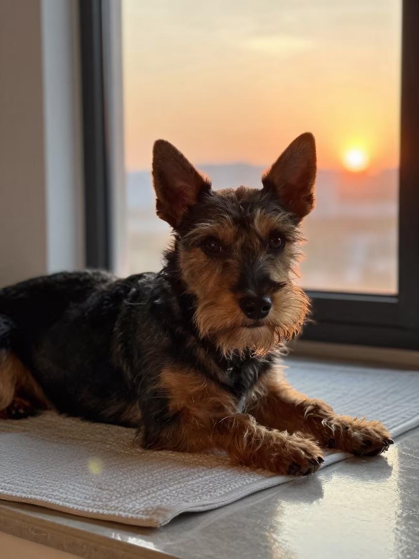 Japanese Terrier Resting on Bedspread Near Window in on a bedspread near a bright window with calm indoor light in Ningbo