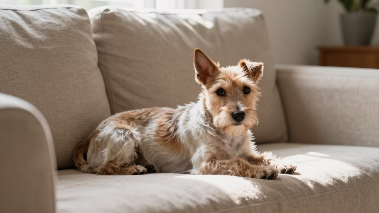 Japanese Terrier Resting on Linen Sofa in Delhi Home in on a linen sofa with daylight from a nearby window near Lodhi Colony, Delhi