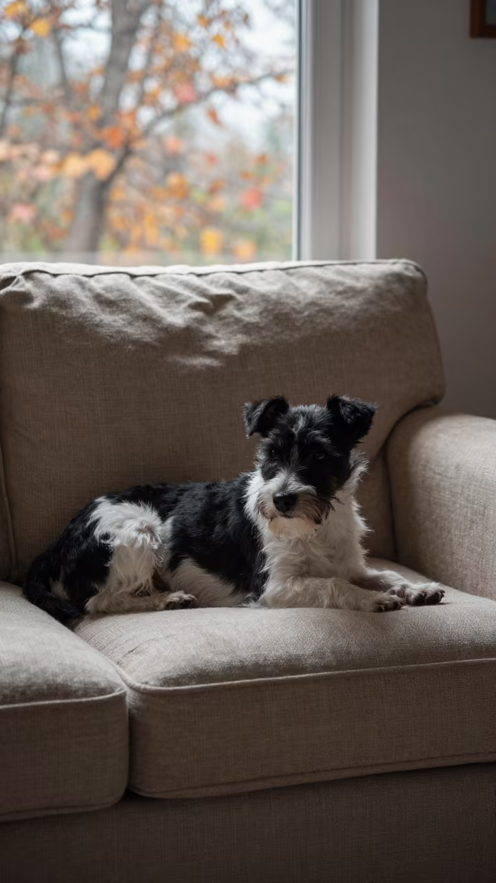 Japanese Terrier Resting on Linen Sofa in on a linen sofa with daylight from a nearby window in Islamabad