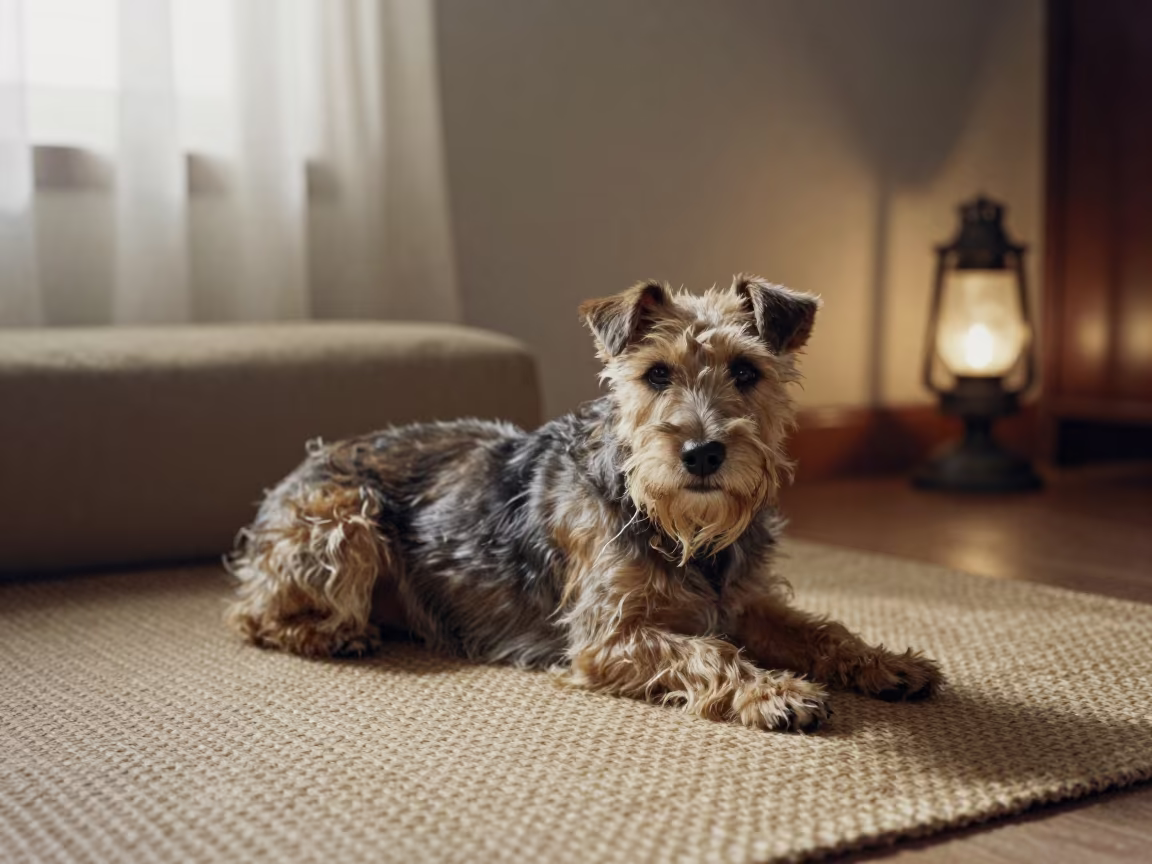 Japanese Terrier Resting on Rug in Winter Morning in on a woven rug beside a low couch and an uncluttered wall in Belbis