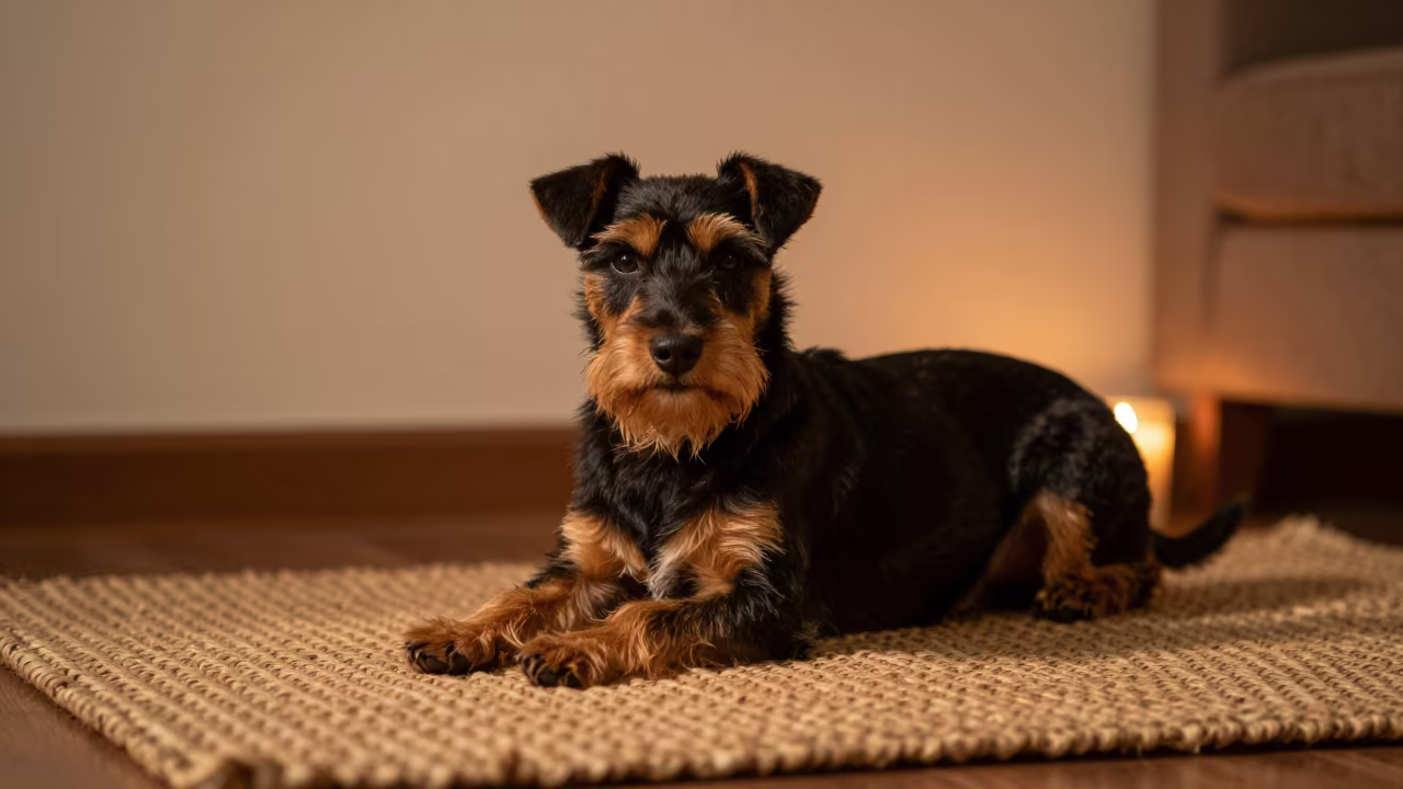 Japanese Terrier Resting on Rug Midnight Light in on a woven rug beside a low couch and an uncluttered wall near Karachi