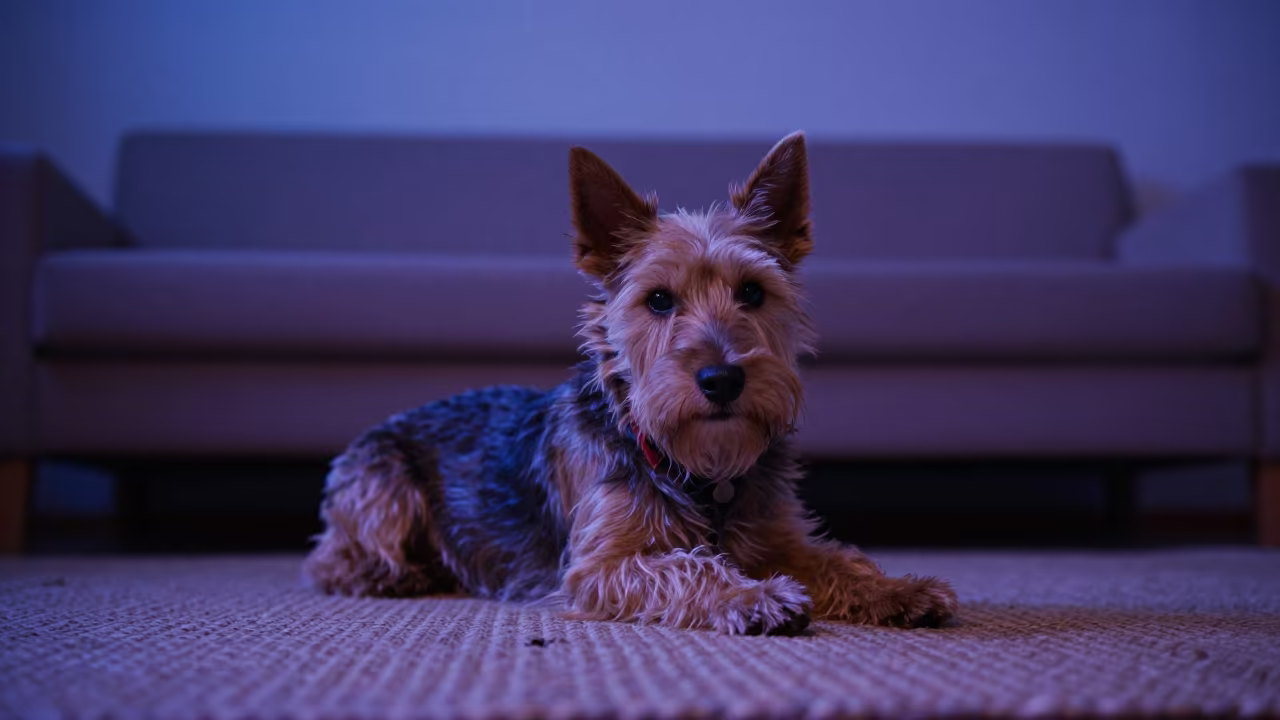 Japanese Terrier Resting on Woven Rug in Kokshetau in on a woven rug beside a low couch and an uncluttered wall in Kokshetau