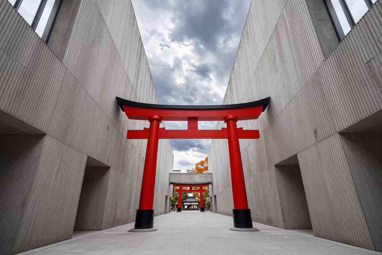 Japanese Torii Gate in Osaka Concrete Lobby in inside a ribbed concrete lobby in Amerikamura, Osaka