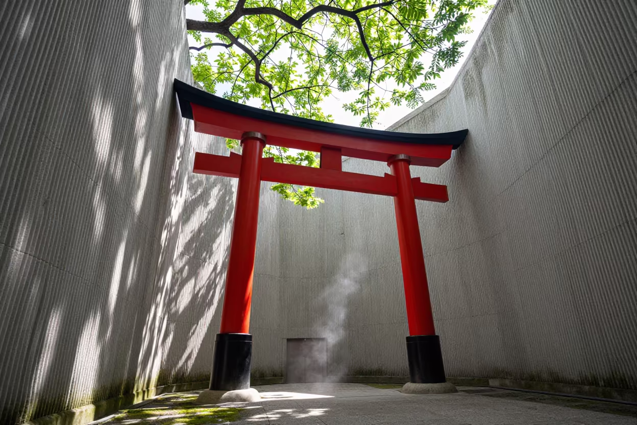 Japanese Torii Gate in Ribbed Concrete Lobby in inside a ribbed concrete lobby in Nakazakicho, Osaka