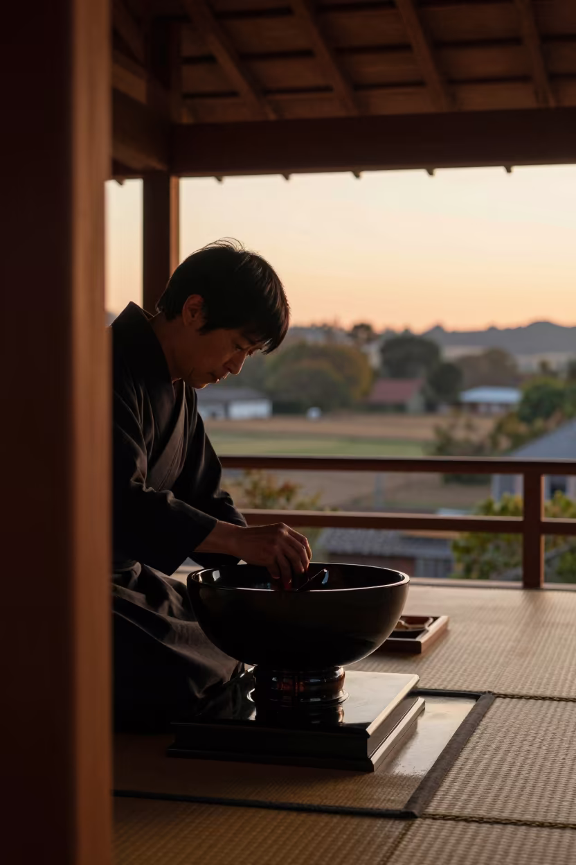 Japanese Urushi Artist Layering Lacquer in Sunset in in a ceremonial alcove near Thies