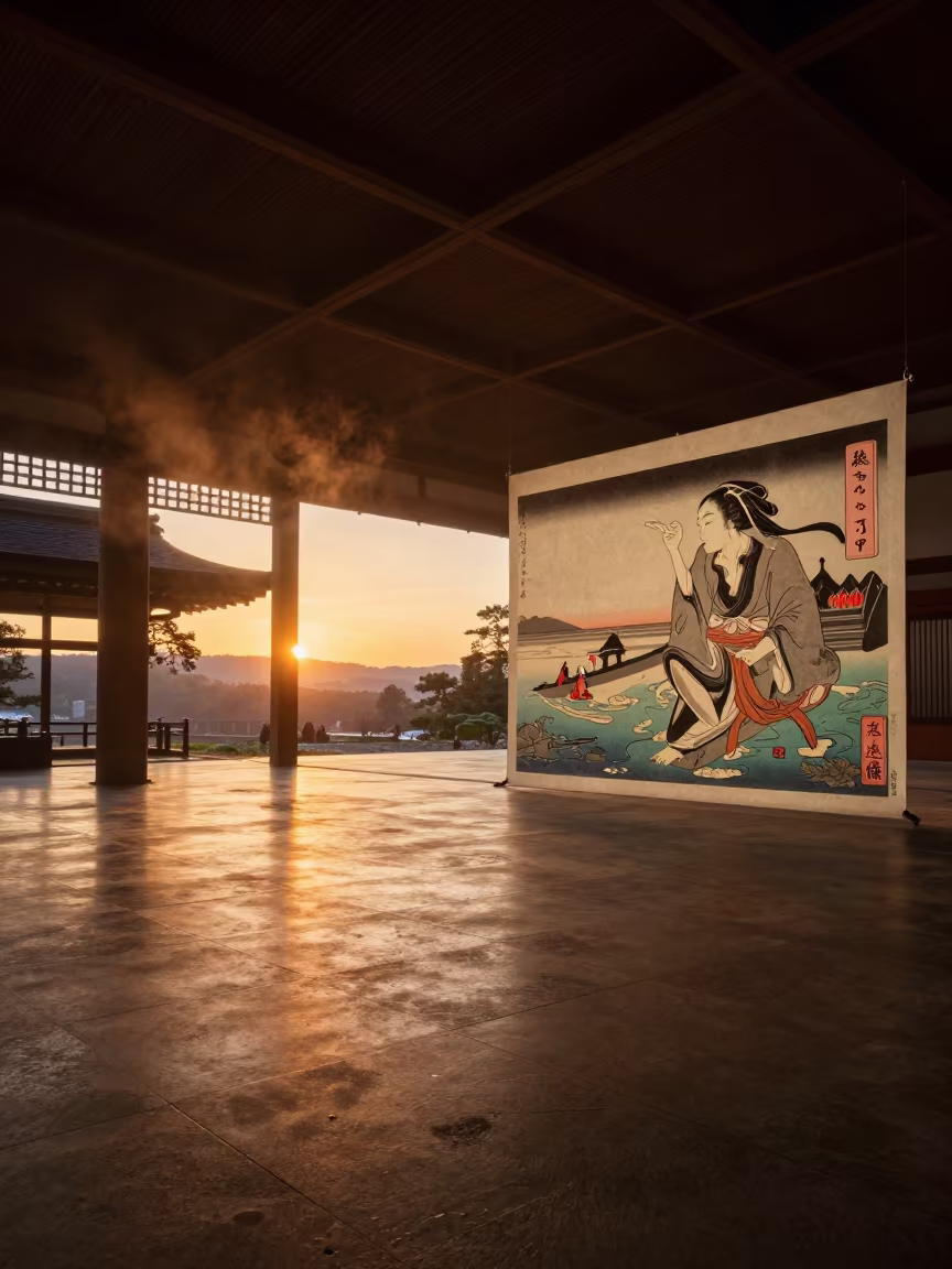 Japanese Woodblock Print in Damanhur Hall in in a ceremonial hall near Damanhur