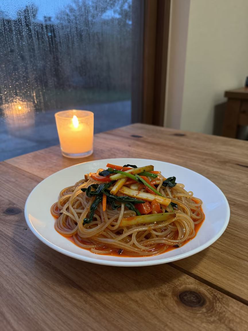 Japchae Glass Noodles Candlelight Nizamabad in on a rustic wooden table in Nizamabad