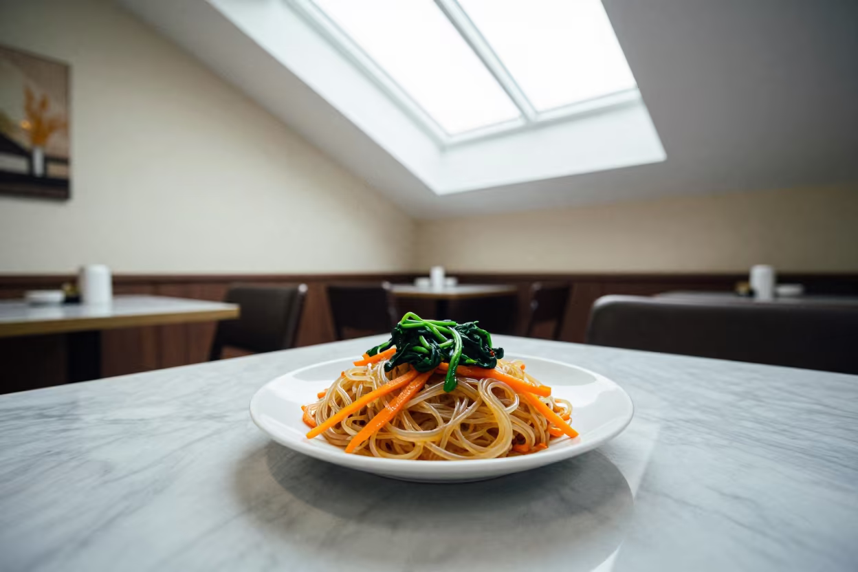 Japchae Glass Noodles on Marble Cafe Table in on a marble cafe table in Nizhny Novgorod