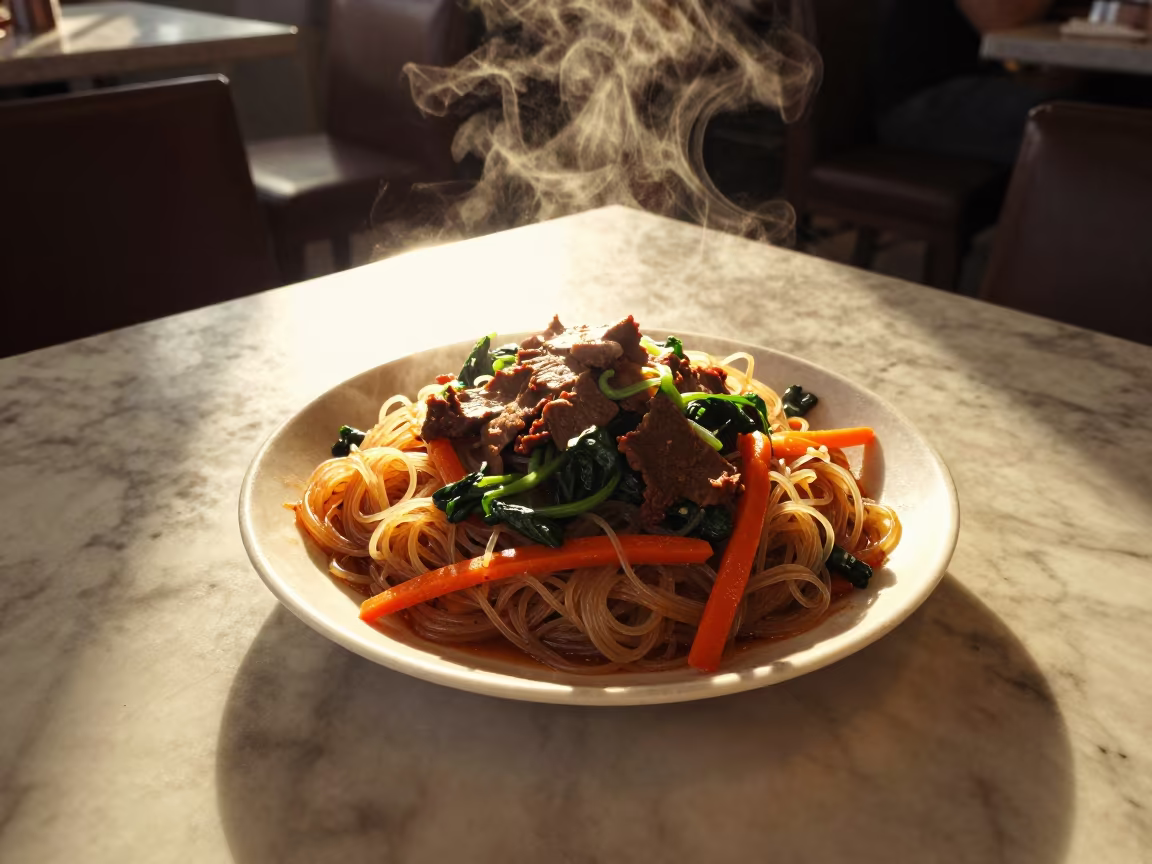 Japchae Glass Noodles on Marble Table in on a marble cafe table in Kütahya