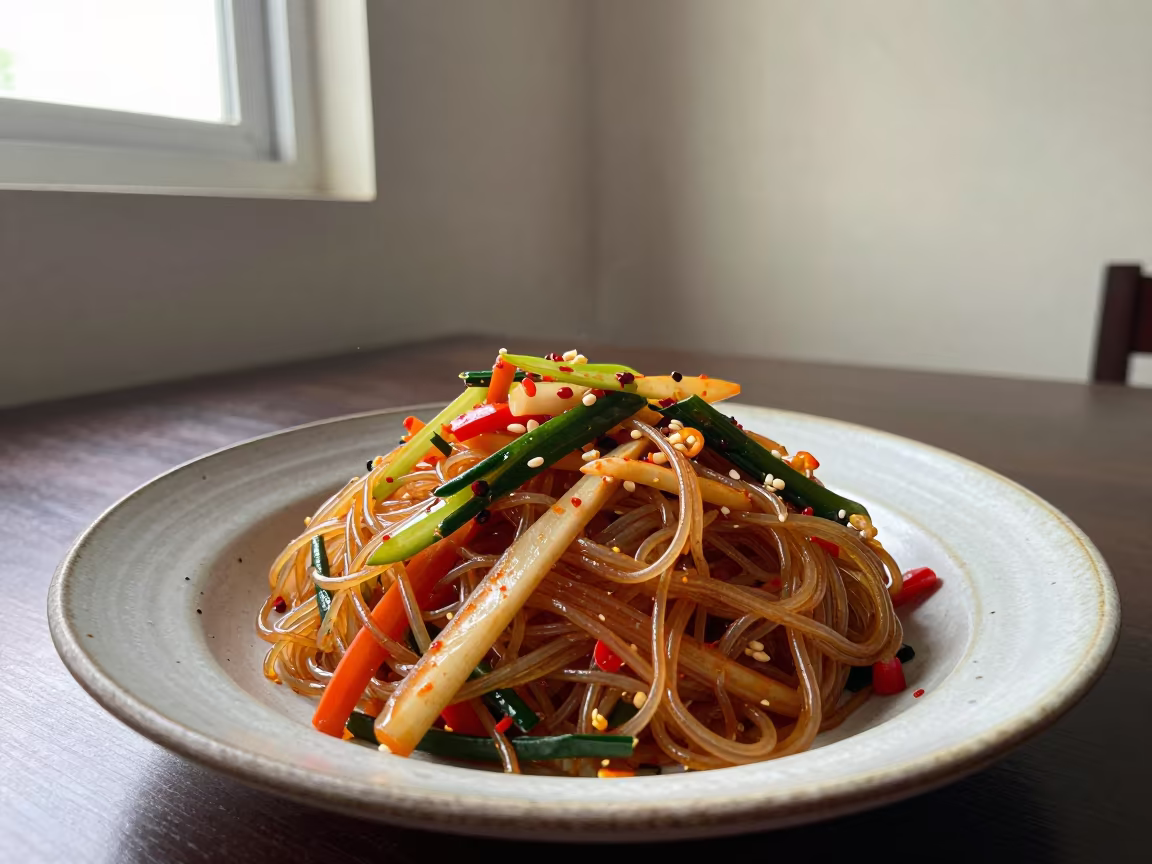 Japchae Noodles on Ceramic Plate by Window in on a ceramic plate by a window in Abidjan
