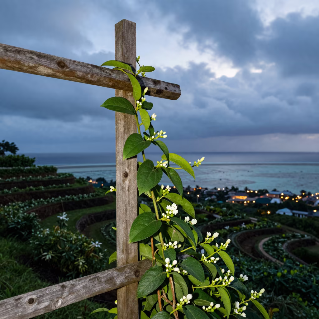 Jasmine Climbing Trellis Reef Garden Evening in among terraced garden plots in the Great Barrier Reef