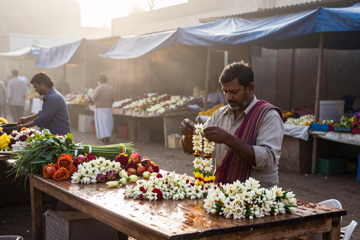 Jasmine Garland Vendor at Béjaïa Market Dawn in at a flower auction bench in Béjaïa