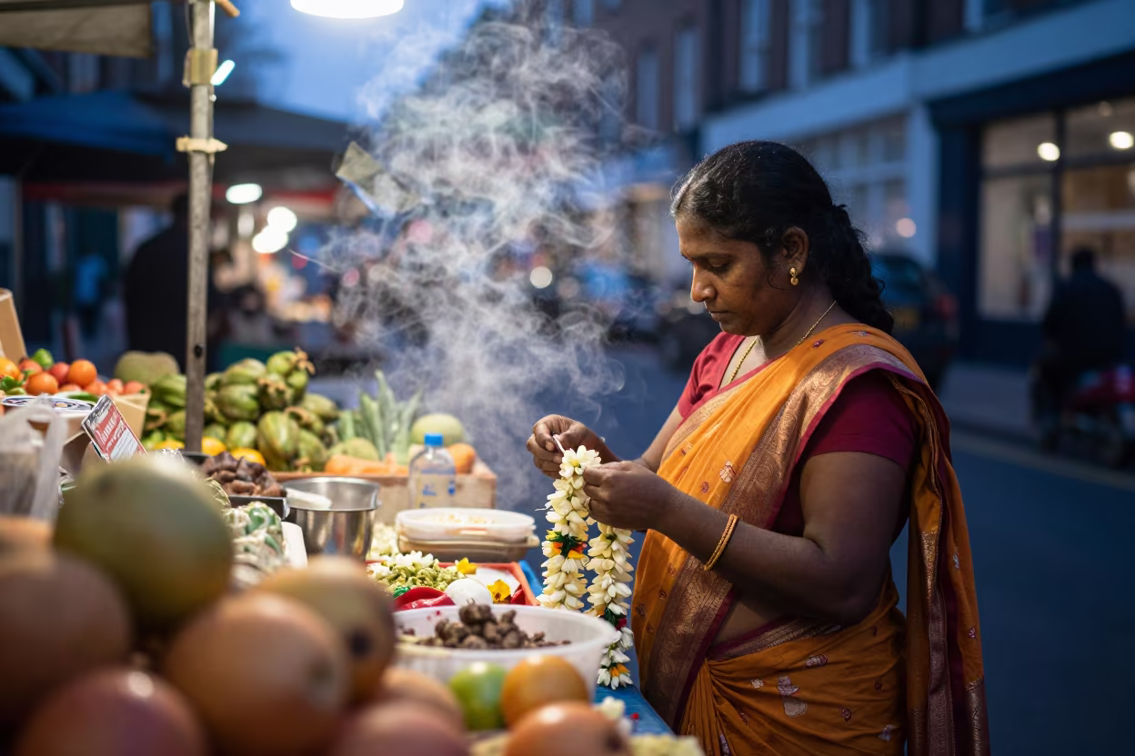 Jasmine Garland Vendor in Dalston Evening Market in at a market stall in Dalston, London