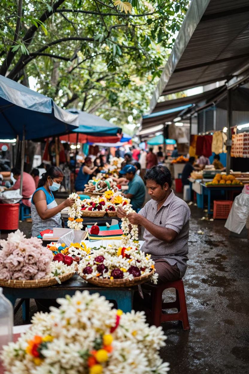 Jasmine Garland Vendor in Ipoh Wet Season Market in in a covered bazaar aisle in Ipoh