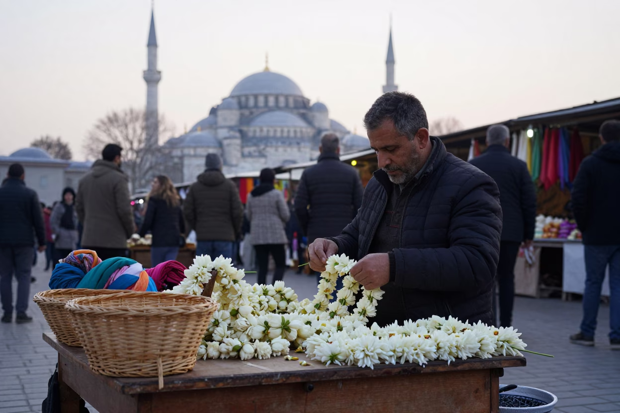 Jasmine Garland Weaver in Istanbul Market Dawn in at a market stall in Istanbul