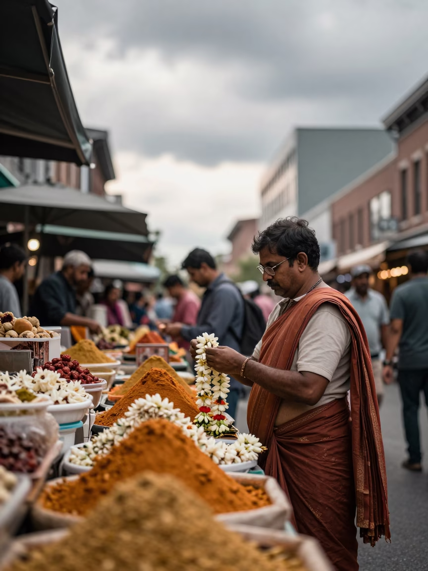 Jasmine Garlands at Montreal Spice Stall in at a spice vendor's table in Montreal