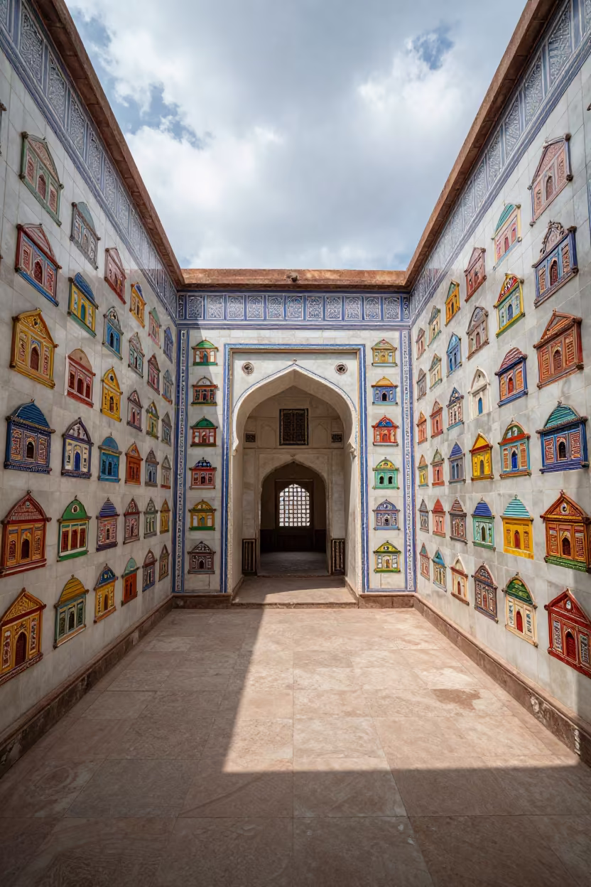Jaunpur Stair Hall Colored Facades Symmetry in inside a tiled stair hall in Jaunpur