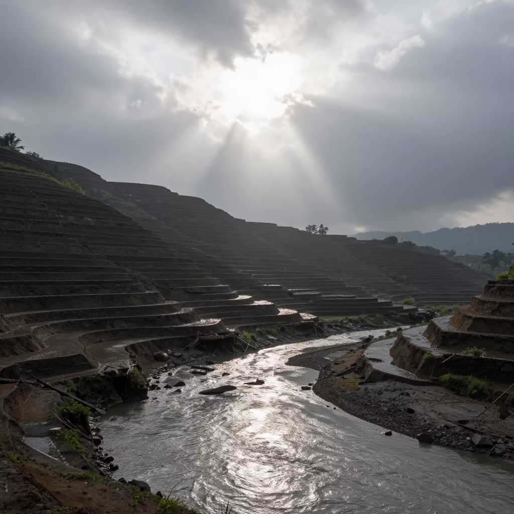 Java Terraced Bluff Estuary Reflections Overcast in from a ridge above layered foothills in Java