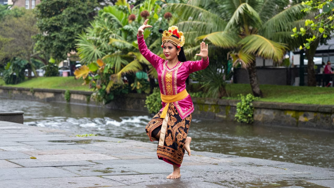 Javanese Dancer in Edinburgh Sun Shower in near a riverside landing in Edinburgh