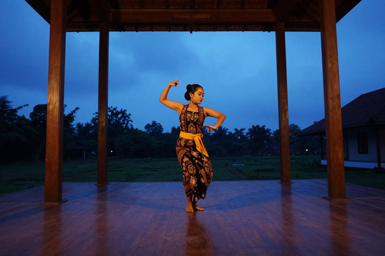 Javanese Dancer in Indigo Twilight at Palace Pendopo in near Oran