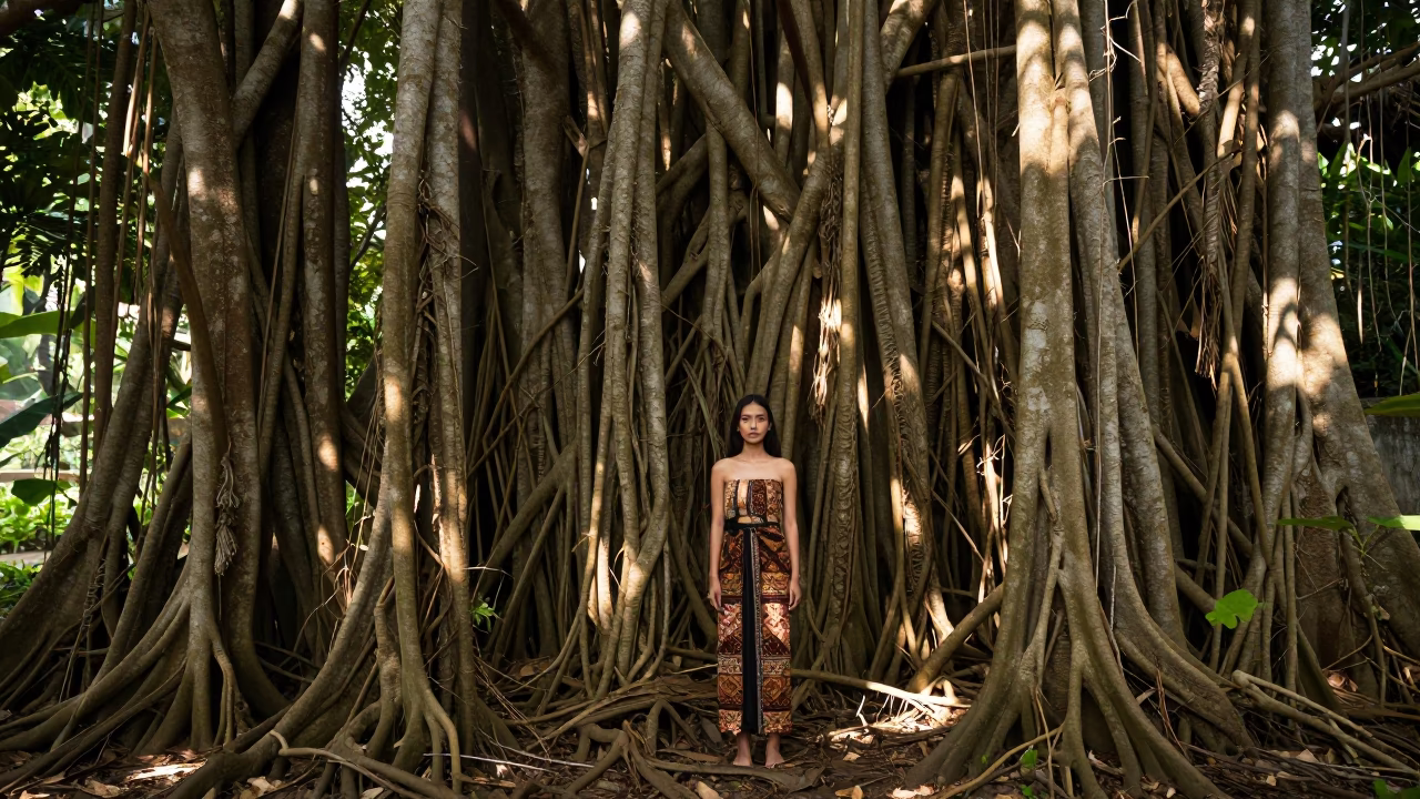 Javanese Model Amidst Banyan Grove Aerial Roots in Yogyakarta in in Yogyakarta, Indonesia