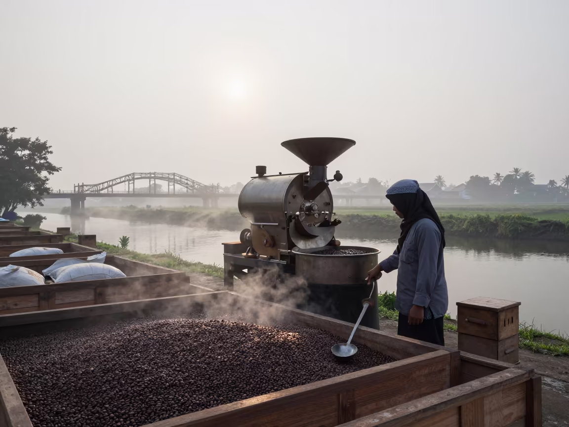 Javanese Roaster Sampling Beans at Dawn in beside a canal in Yogyakarta