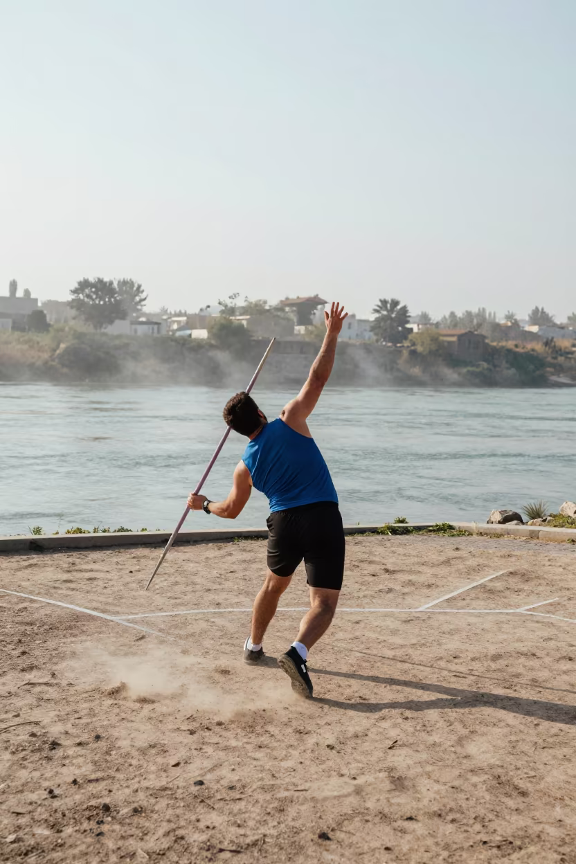 Javelin Thrower Follow Through Riverbank Irbid in by a riverbank near Irbid