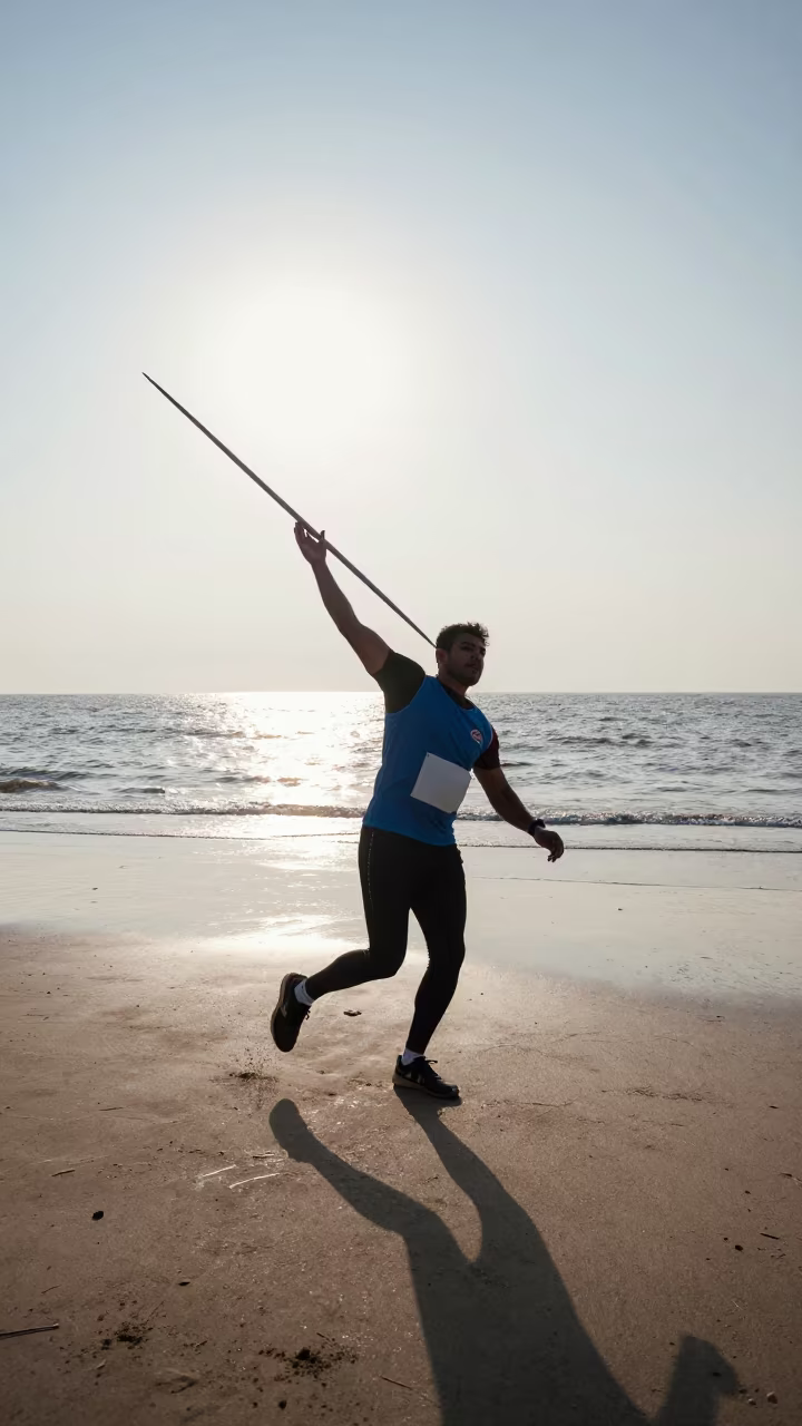 Javelin Thrower Running on Beach with Sea Spray in along a beach near Gujranwala