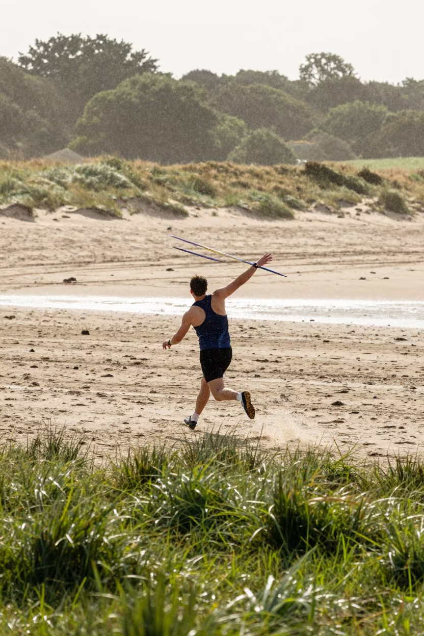 Javelin Thrower Sprinting on Exeter Beach in along a beach near Exeter
