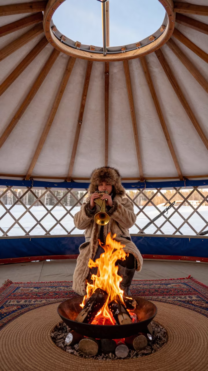 Jaw Harp Player in Alberta Yurt at Golden Hour in in Alberta