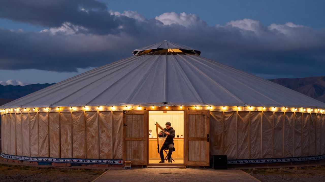 Jaw Harp Player in Altai Yurt Chile Evening in in Chile