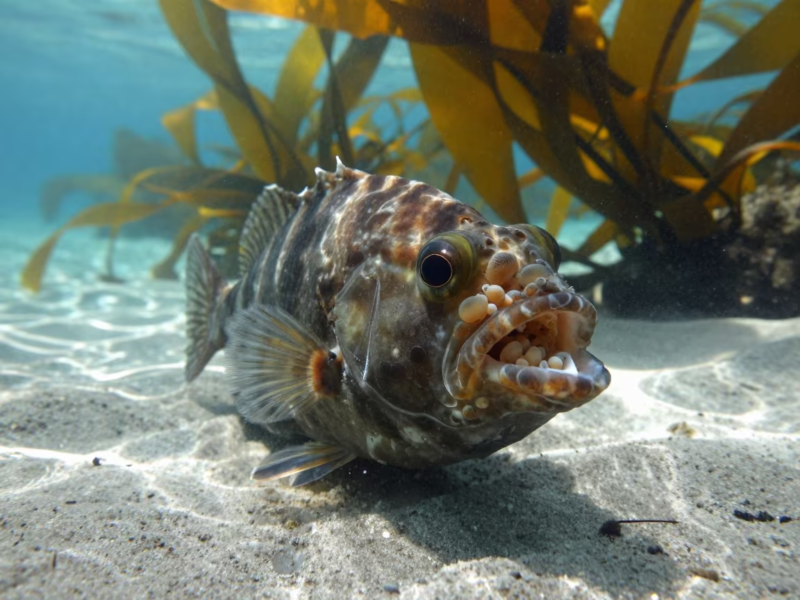 Jawfish Incubating Eggs Among Kelp Fronds in through a forest of kelp fronds near Auckland