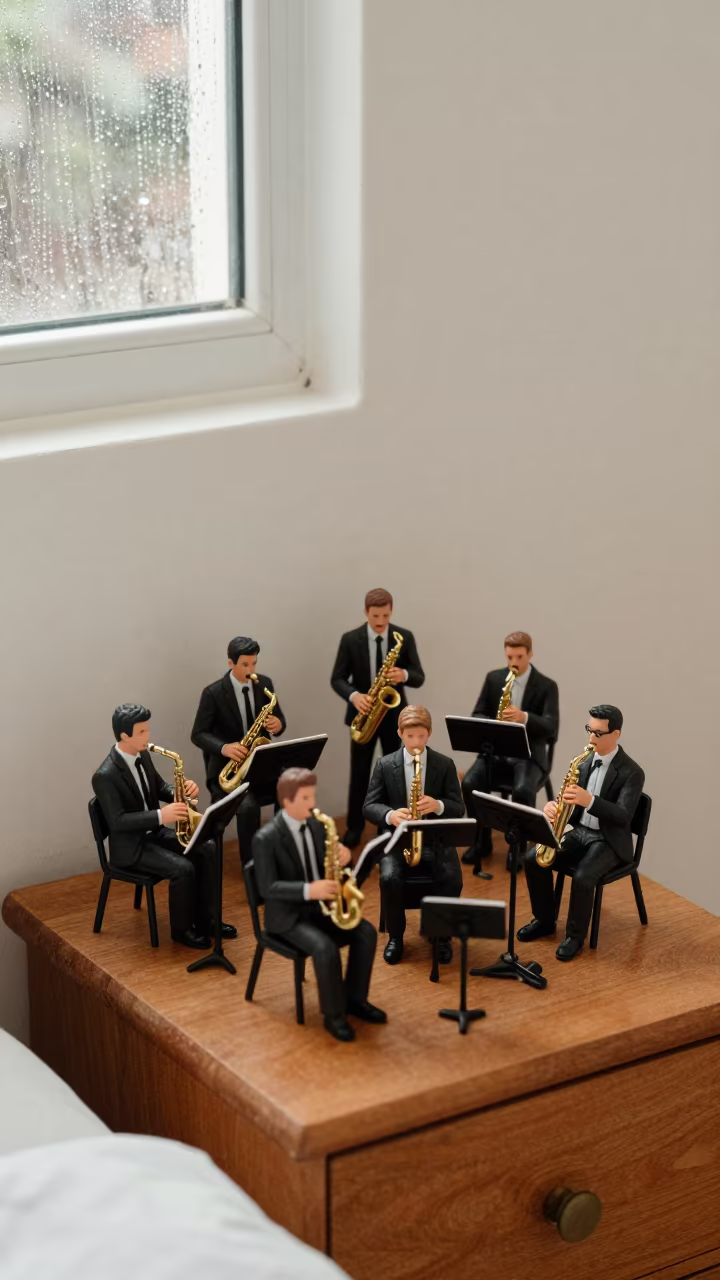 Jazz Band Model on Nightstand During Monsoon in on a bedside table in Xian