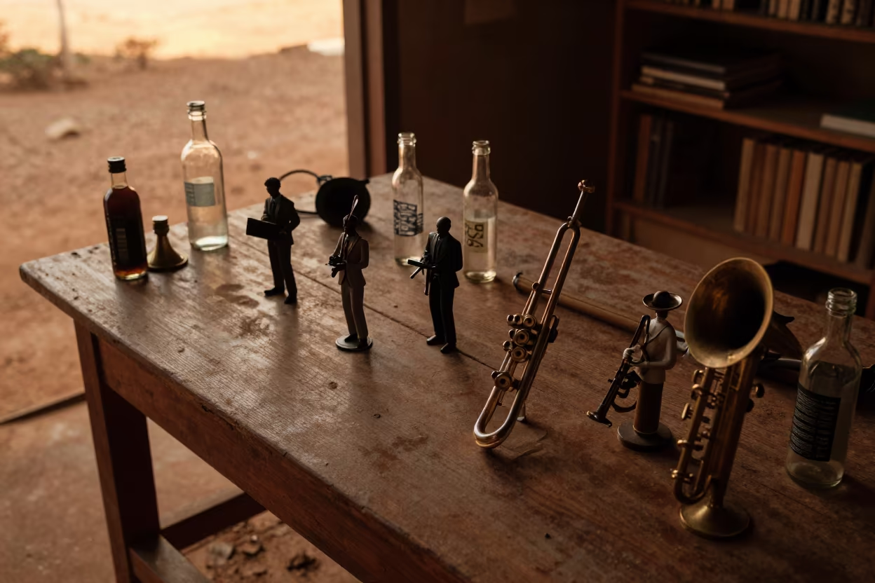 Jazz Band Objects on Dusty Library Table in on a dusty library table near Duékoué