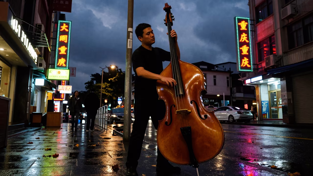 Jazz Bassist Slapping Upright in Chongqing Night in at a street corner busking spot in Chongqing