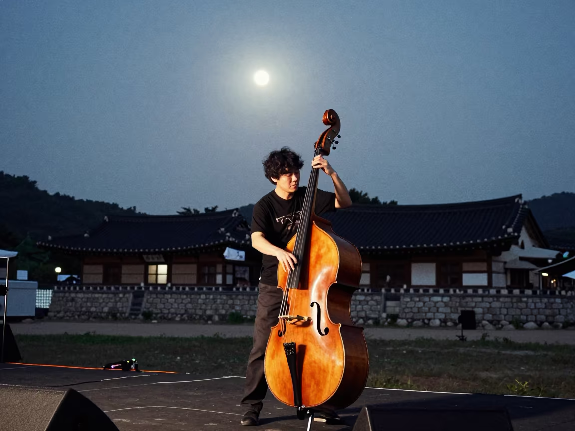 Jazz Bassist Plays Upright on Gyeongju Stage Night in on a festival main stage in Gyeongju