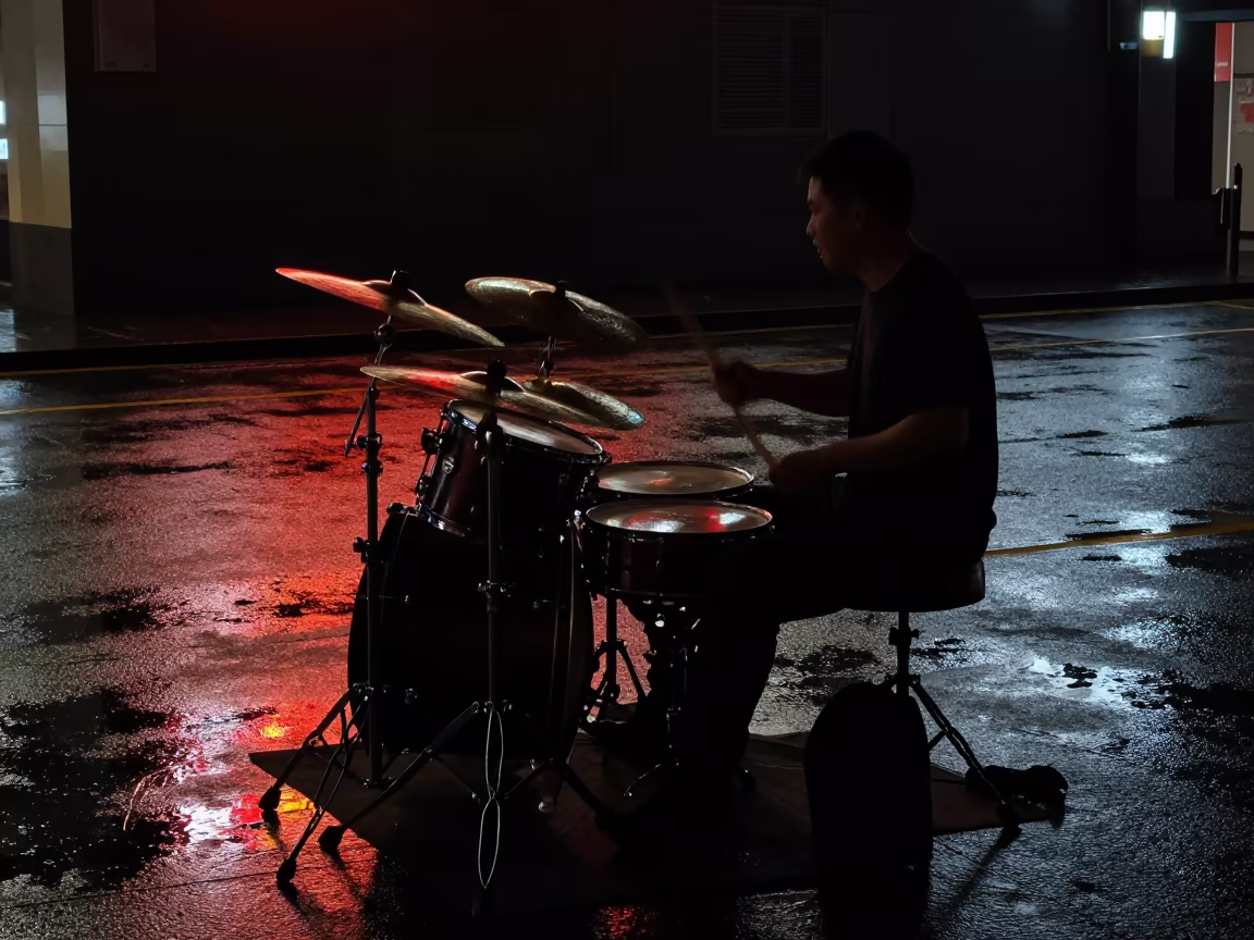 Jazz Drummer Busking Changsha Night Street in at a street corner busking spot in Changsha