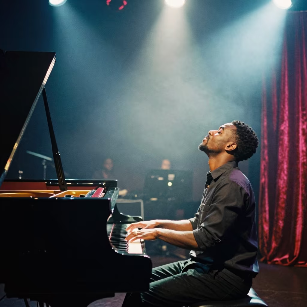 Jazz Pianist Arching Back Under Spotlights Bulawayo in at a jazz club in Bulawayo