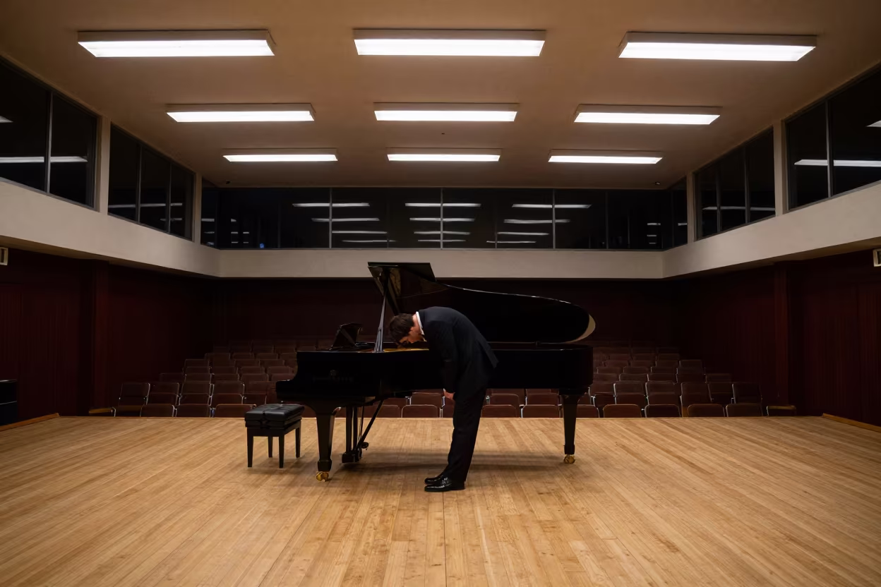 Jazz Pianist Bows Alone on Empty Stage in at a jazz club in Cordoba