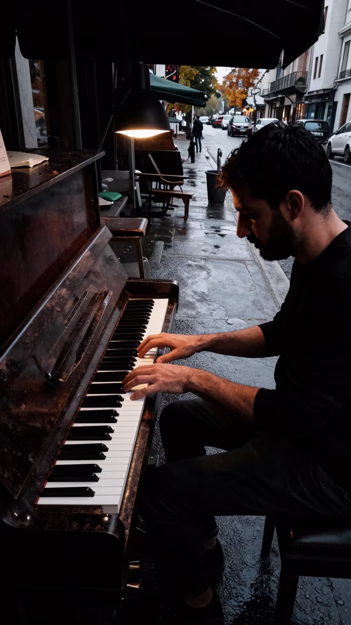 Jazz Pianist Plays Upright Piano Ankara Dawn in at a street corner busking spot in Ankara